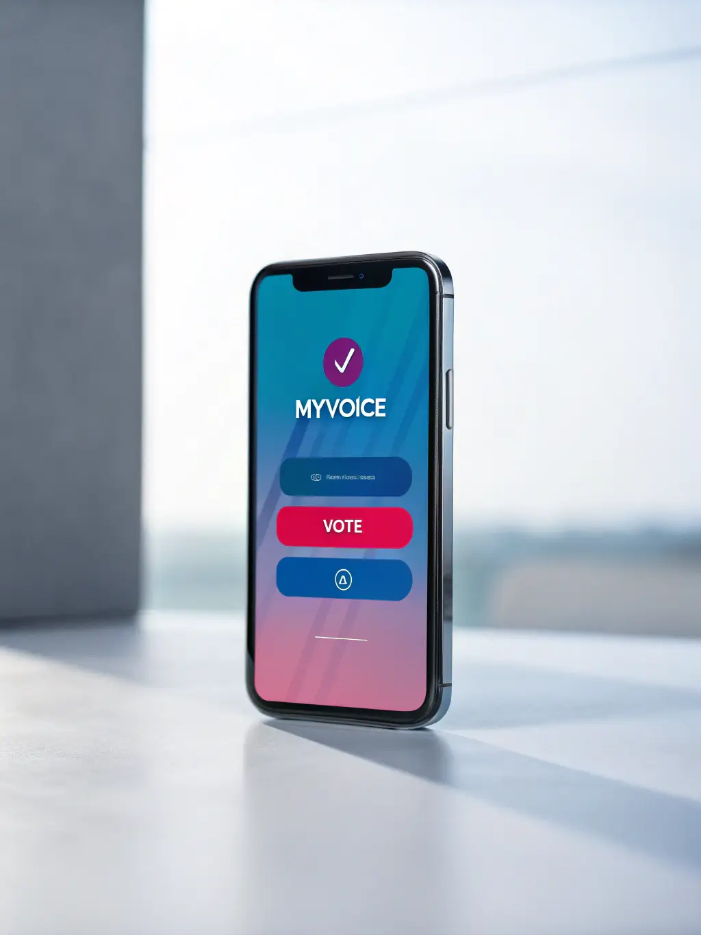 A clean, modern smartphone interface displaying a MyVoice poll with clear options and a prominent 'Vote' button, emphasizing ease of use.