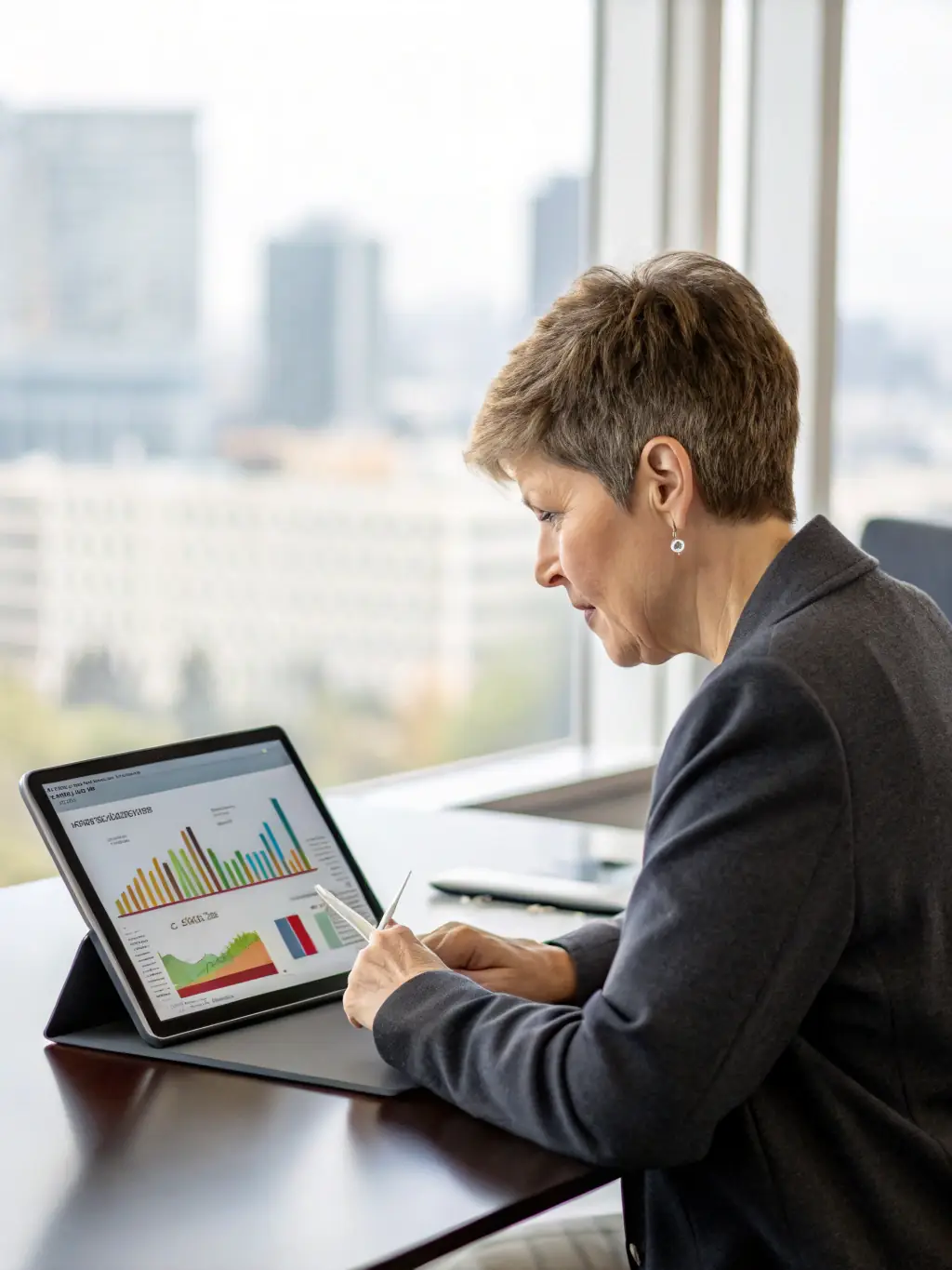 An elected official reviewing real-time feedback from constituents on a tablet, with charts and graphs illustrating public sentiment on key policy decisions.