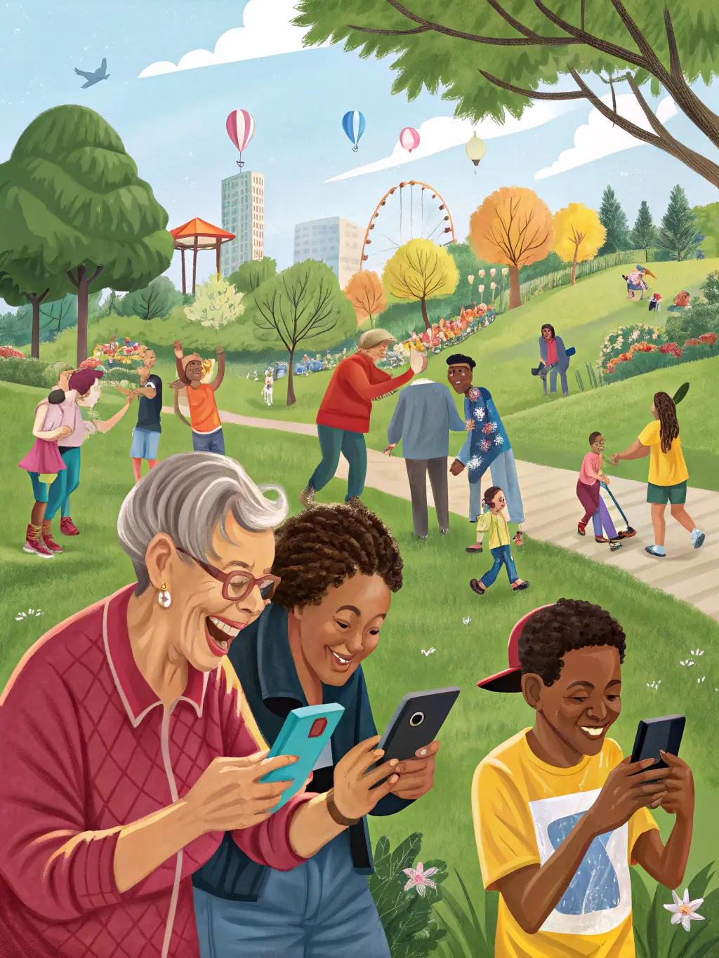 A diverse group of citizens using the MyVoice app on their smartphones, participating in a weekly poll about local community issues. The scene is bright and engaging, symbolizing active participation.