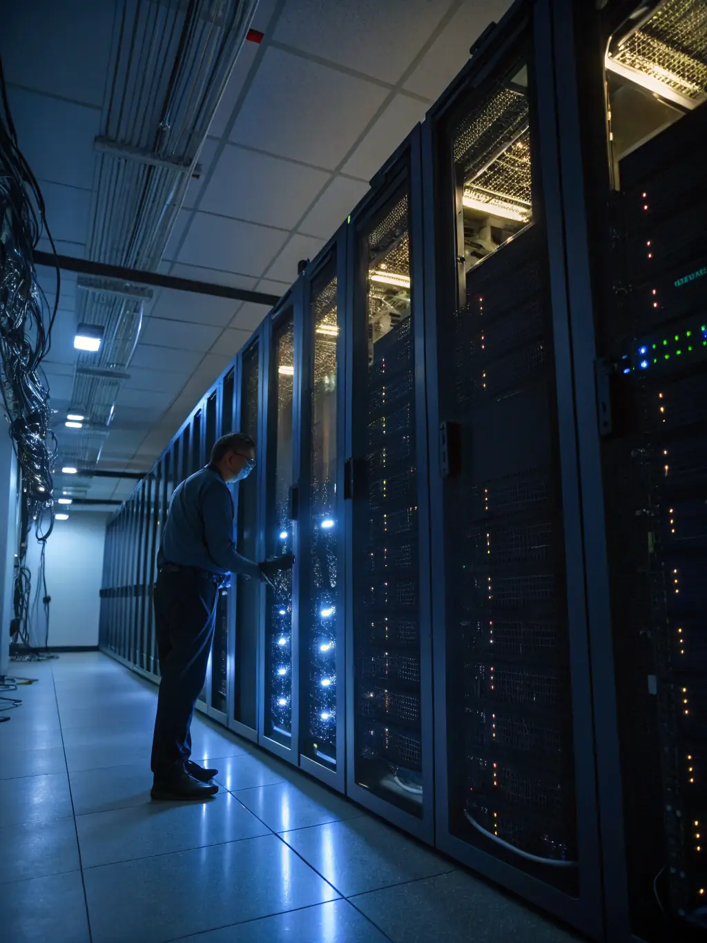 A secure server room with blinking lights and visible security protocols, symbolizing the platform's commitment to data protection and privacy.
