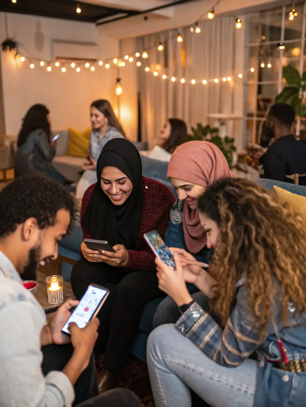 A diverse group of people interacting with the MyVoice app on their devices, representing the platform's inclusivity and broad reach across communities.